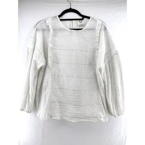 Built by Wendy White Cotton Gauze Ruffle Metallic Stripe Blouse Medium